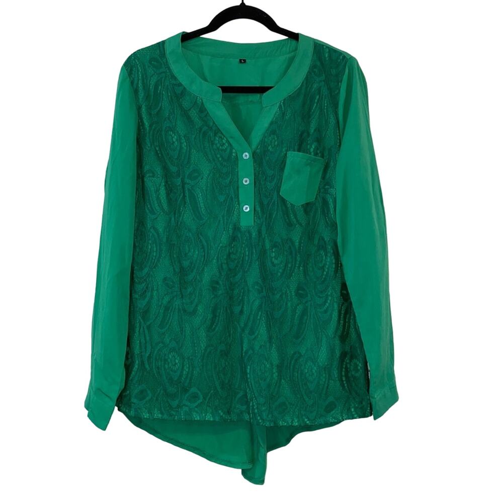 Green Sheer Lace Front Blouse Tab Sleeve Button Back Top Large Boho Workwear